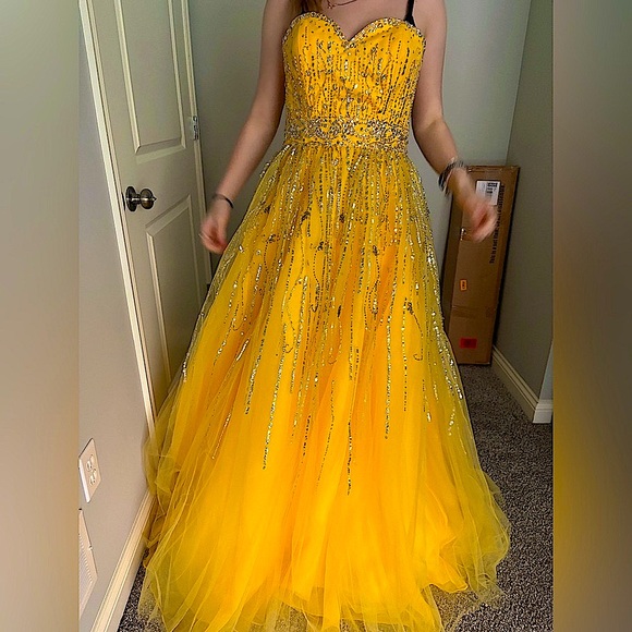 Yellow Sequin Embellished A-Line Gown for Prom - Picture 1 of 7